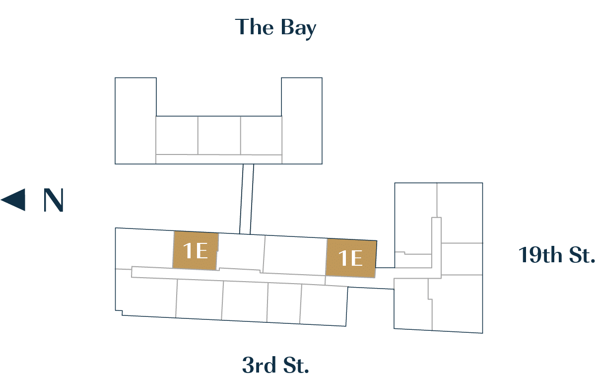 1 E Condo floor plan with view of the bay