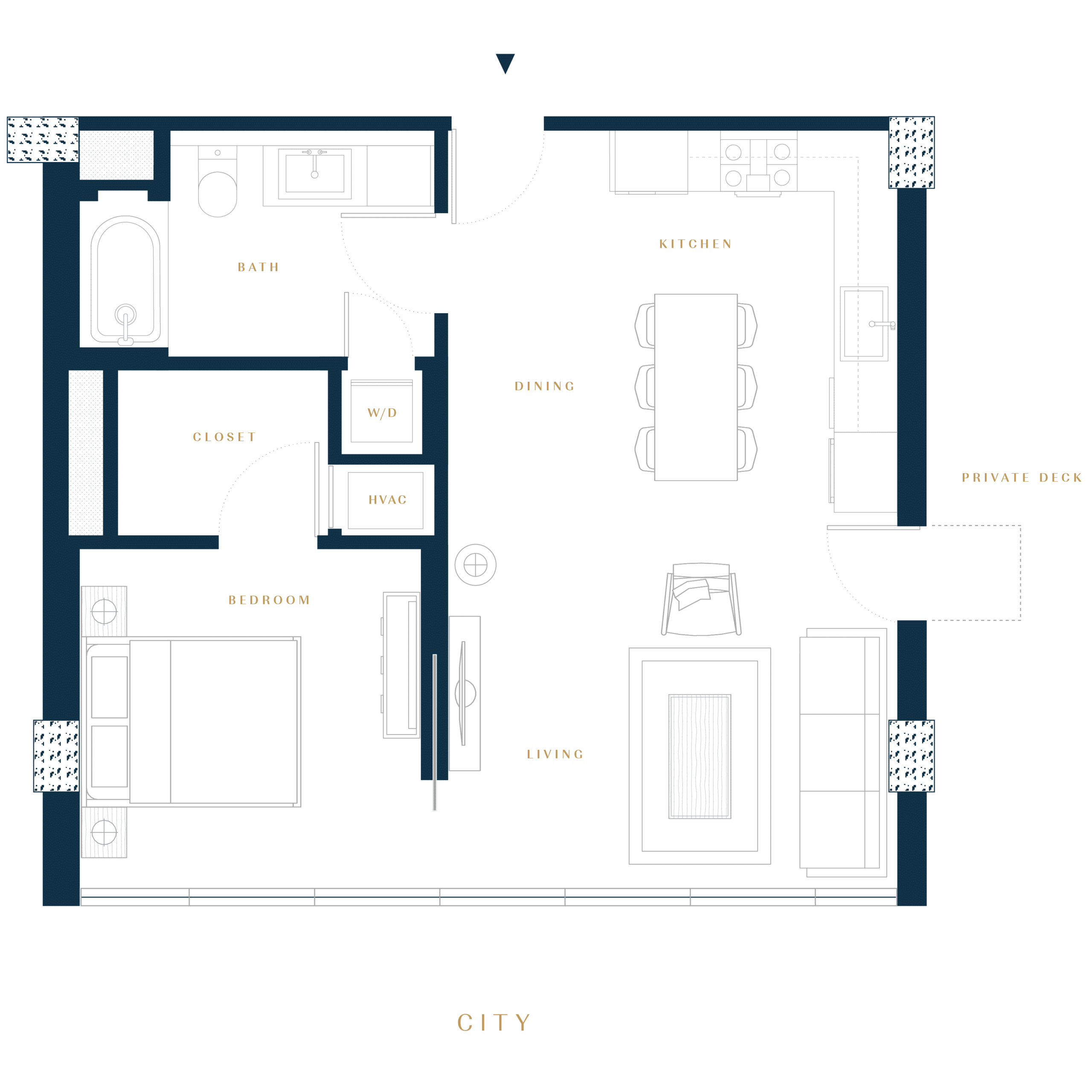 Residence 1F luxury condo floor plan with private deck in San Francisco Dogpatch