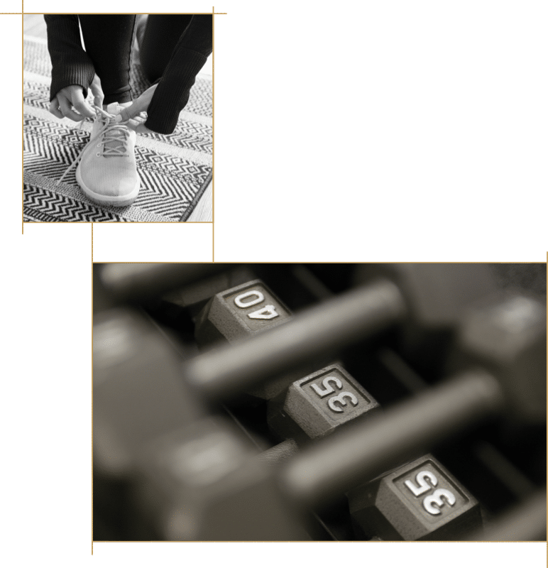 black and white design of dumbbells and running shoes
